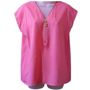 Michael Michael Kors Hot Pink Gold Zip V-Neck Blouse Relaxed Cap Sleeve Medium